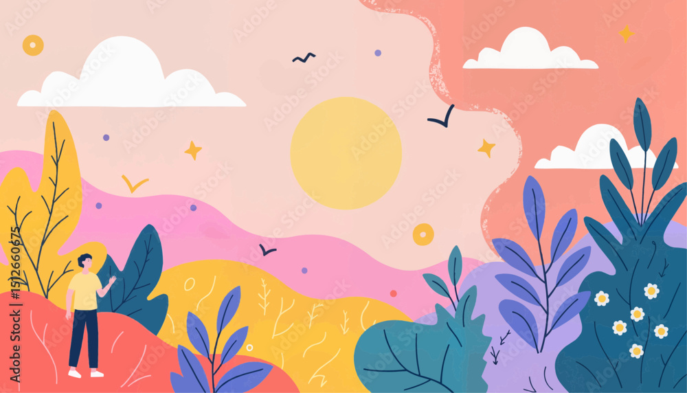 Illustration of a person standing in a vibrant landscape with sun Illustration of a person standing in a vibrant landscape with sun