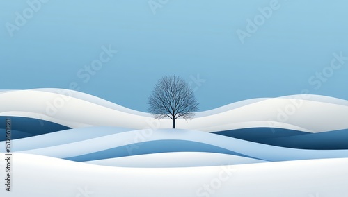 Winter landscape, snowy hills, lone tree