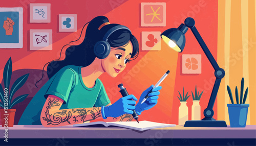 Young tattoo artist woman sketching designs at desk with plants in cozy interior  