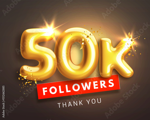50000 followers celebration banner. Thank you 50k follower peoples. Glossy golden 3d numbers in realistic style on black background. Design for channel, group in social network. Vector illustration