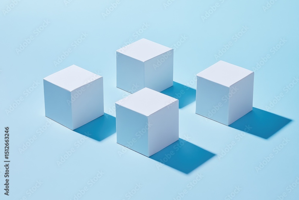 Four white cubes arranged on a light blue surface, casting distinct shadows Four white cubes arranged on a light blue surface, casting distinct shadows