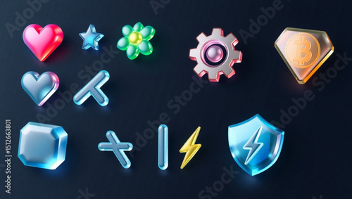 Collection of glossy and colorful icons including heart star flower gear bitcoin and shield on dark background created with generated ai