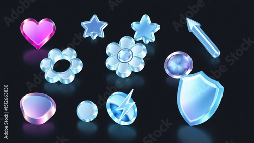 Illustration of shiny symbols including a heart, stars, flowers, arrow, shield and other shapes on dark background created with generated ai