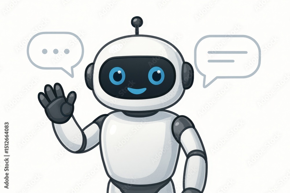 Friendly cartoonish white robot character with expressive eyes engaging in a chat conversation with speech bubbles visible isolated on a clean white background. Friendly cartoonish white robot character with expressive eyes engaging in a chat conversation with speech bubbles visible isolated on a clean white background.