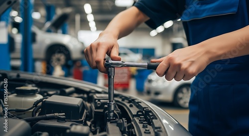 Mechanic Working on Car Engine Using a Socket Wrench