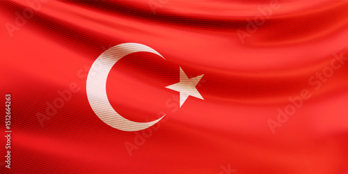 Red wavy national flag of the Republic of Turkey closeup with realistic fabric texture. Turkish patriotic background for celebrate Republic day and Victory day. 3d vector illustration