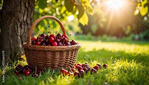 A basket of freshly picked cherries placed on the grass under the tree, a few berries scattered nearby, garden background.