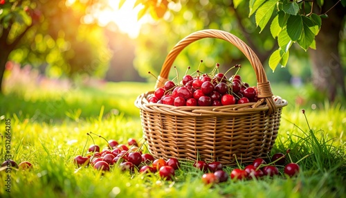 A basket of freshly picked cherries placed on the grass under the tree, a few berries scattered nearby, garden background.
