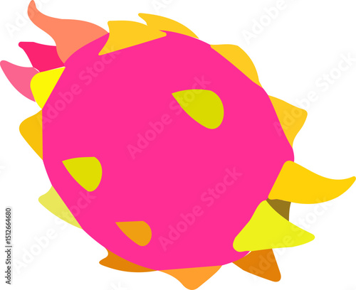 Minimal vector of a  whole dragon fruit with pink skin and white flesh, flat style perfect for exotic or tropical themes.