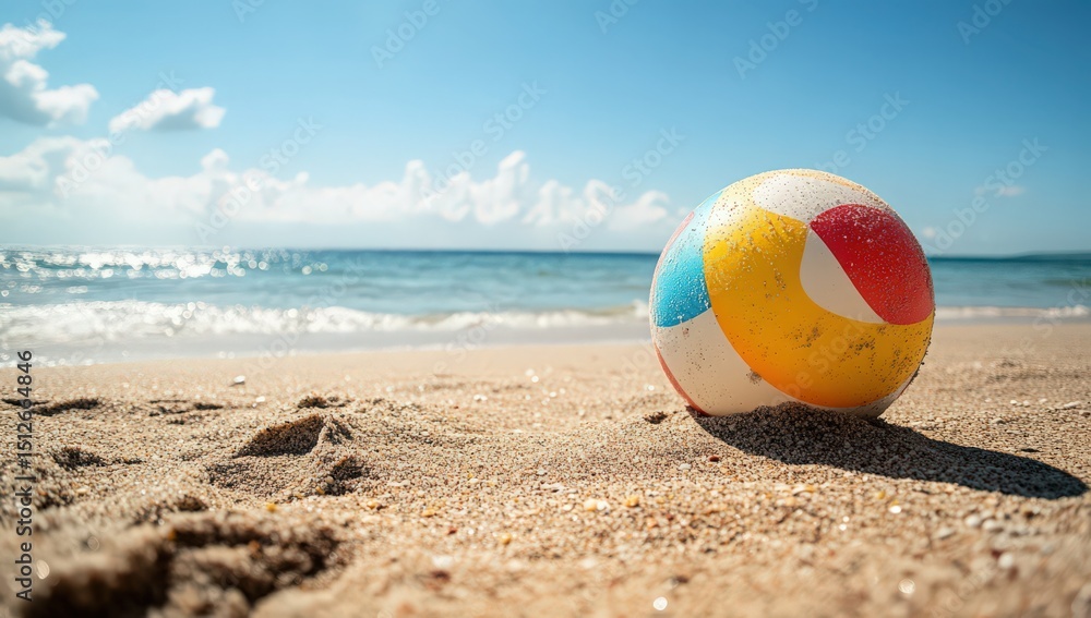 Obraz premium Beach Ball on Seashore: A colorful beach ball rests on a sandy shore, with the vast ocean and bright blue sky in the background, creating a vivid and relaxing summer scene.
