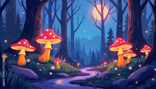 Fantasy forest with glowing mushrooms beside a winding stream  