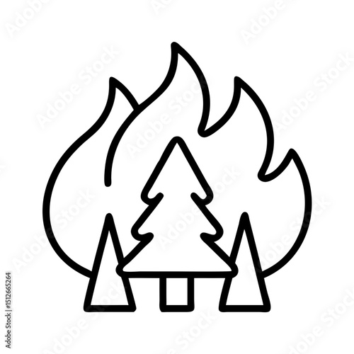 Forest fire icon with flames and trees in simple line art  