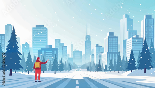 Snowy winter cityscape with person in red jacket looking forward  