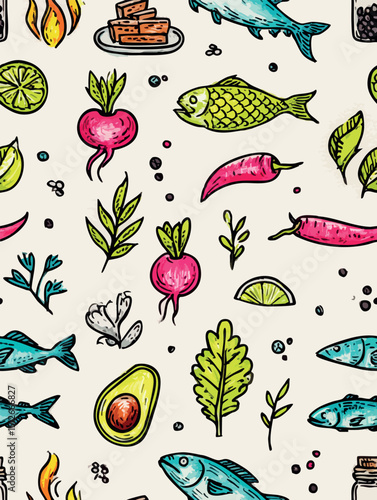 Colorful seamless pattern depicting marine life, fresh produce, seasonings, representing nutritious cuisine and culinary diversity