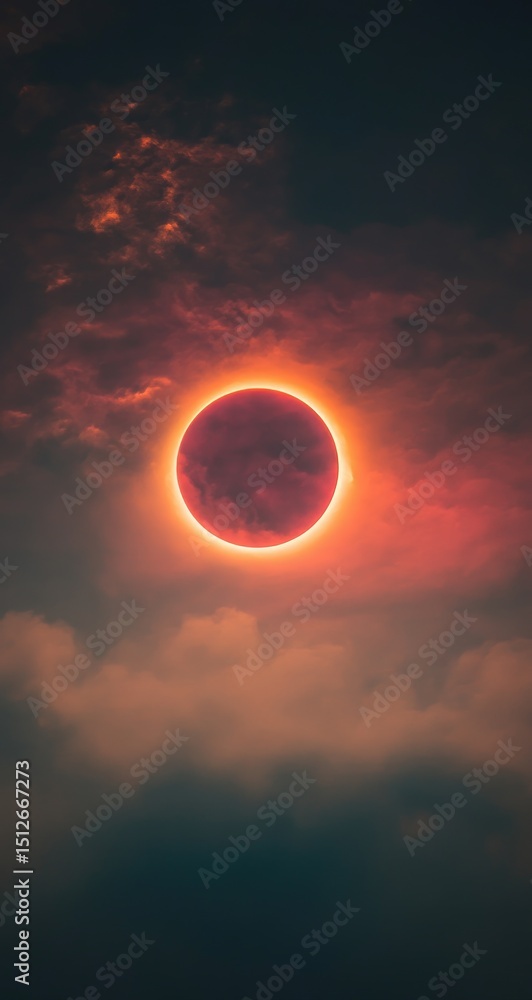 Obraz premium Fiery eclipse, red sun ringed by clouds