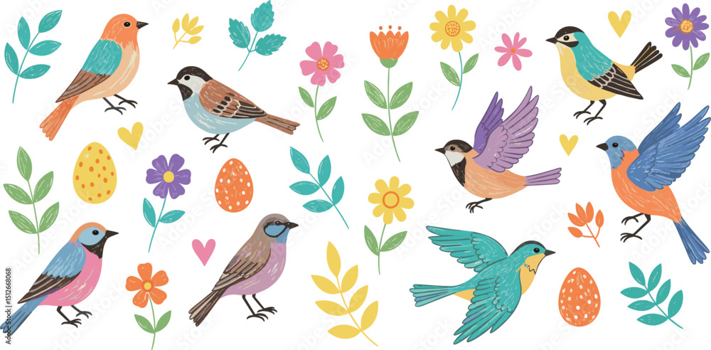 Fototapeta premium Bird, Easter egg and flower vector icon illustration. Cute spring cartoon background with abstract element. Hand drawn design. Branch plant tree leaf silhouette pattern. Crayon chalk garden shape bg