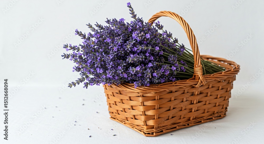 A beautiful bouquet of fragrant lavender flowers in a wicker basket on a white background. A natural organic plant for aromatherapy and decoration. A beautiful bouquet of fragrant lavender flowers in a wicker basket on a white background. A natural organic plant for aromatherapy and decoration.