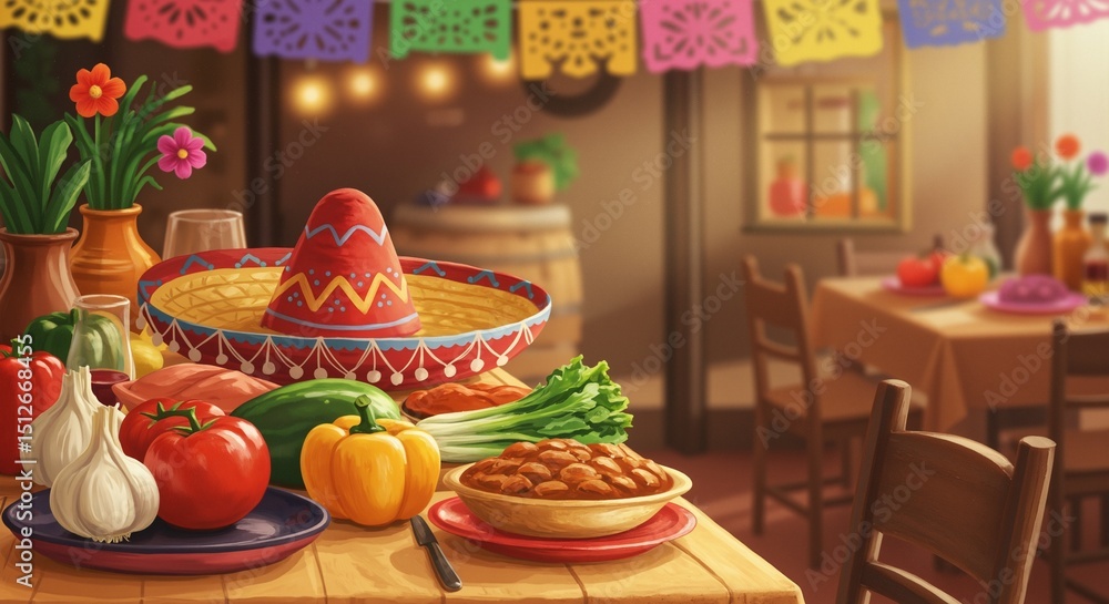 Naklejka premium Colorful festive table setting for Cinco de Mayo celebration