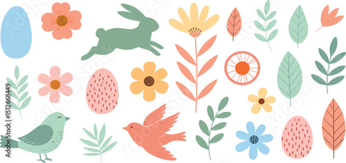  Easter set with cute bunny, egg and flower. Crayon kid rabbit, bird chick, leaf. Hand drawn cartoon vector. Spring drawing. Happy Easter cute illustration. Pastel chalk clipart. Bunny egg flower chic