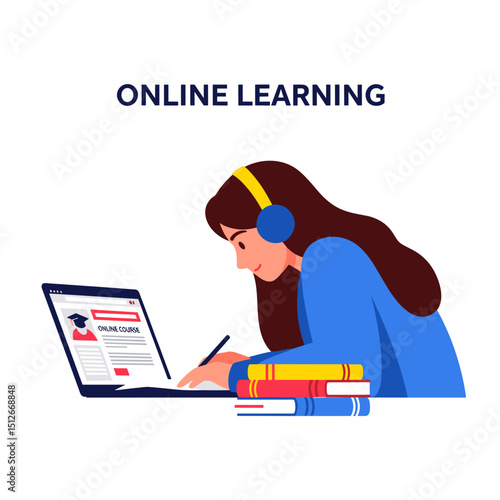 Digital Learner's Journey: A young student concentrates intently as she engages in online learning, headphones framing her focused expression. A laptop illuminates her face.