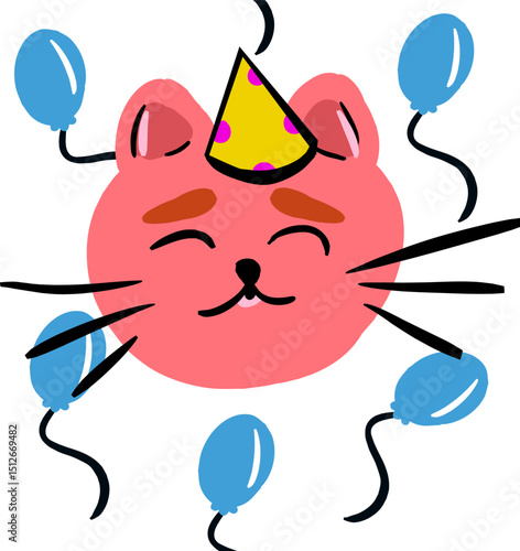 Kot z balonami i czapką urodzinową – ilustracja wektorowa