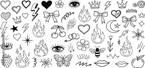 Punk girl doodle grafitti. Bow girly tattoo. Cute crayon heart, cherry, bow. Rock star vintage grunge vector. Punk tattoo icon set. Sketch scribble shape. Chalk ribbon flower kiss. Retro crayon y2k bg