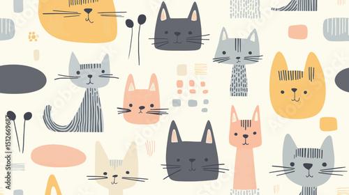 Seamless vector pattern of cute colorful cartoon cat faces with copy space background