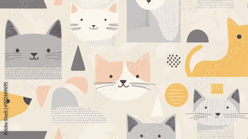 Seamless vector pattern of cute colorful cartoon cat faces with copy space background