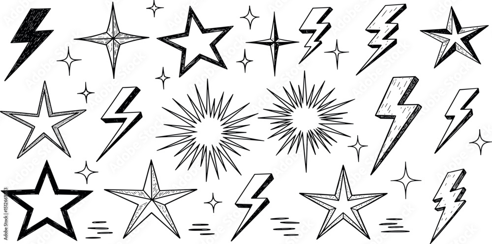 Star and flash doodle scribble icons. Rock and punk lightning, hand drawn line sketch vector. Music thunder crayon cartoon set. Stars and flash fire brush illustration. Chalk crayon texture element bg