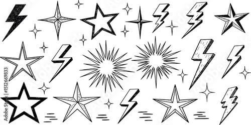 Star and flash doodle scribble icons. Rock and punk lightning, hand drawn line sketch vector. Music thunder crayon cartoon set. Stars and flash fire brush illustration. Chalk crayon texture element bg