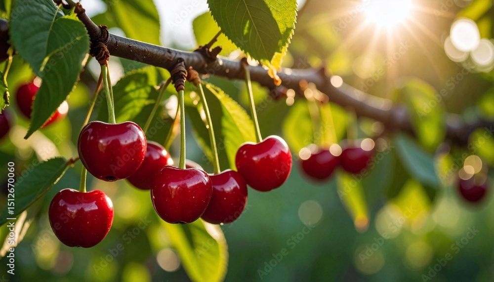 Obraz premium Cherry tree branch with bright red cherries on the tree, green leaves, natural daylight, blurred background.