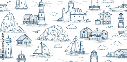 Summer sea beach pattern with lighthouse. Italy and Amalfi coast seamless background. Italian hand drawn pattern with boat, yacht, lighthouse, beach cabin hut, sailboat, rock, coastal house. Doodle bg