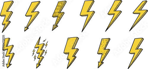 Thunder lightning. Bolt doodle icon. Hand drawn energy flash lightening. Crayon sketch thunder vector. Electric light power, brush bolt. Thunderbolt element. Energy flash scribble punk rock shape bg