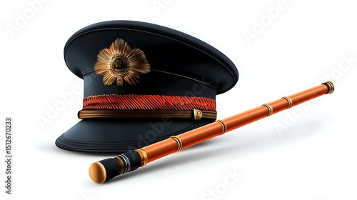 General's Dress Cap with Baton Isolated on White Background