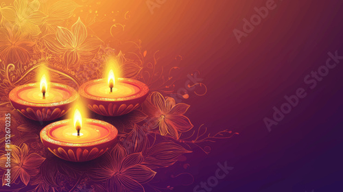 Warm glowing vector background with traditional Diwali oil lamps and floral decorative copy space