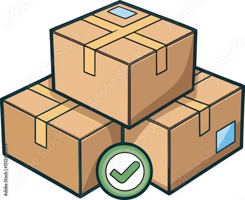 3D Cardboard boxes with a check mark. Delivered the order or package. Approved delivery box. Quality control. Parcel security. Cartoon creative design icon isolated on a white background. 3D vector 