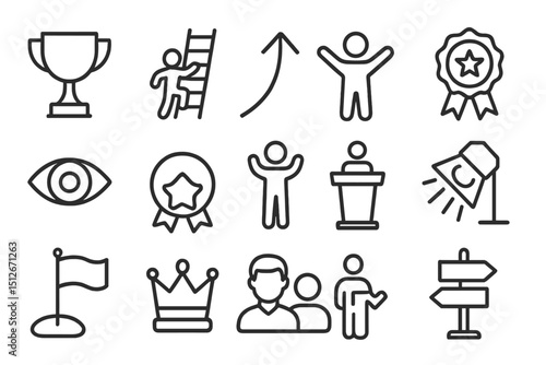 Minimalistic achievement icons: trophies, ribbons, success symbols, and arrows