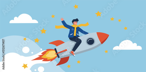 Success achievement, boost growth development to reach target, leadership to win business challenge, startup, entrepreneur or ambition to win, businessman riding fast rocket to reach success