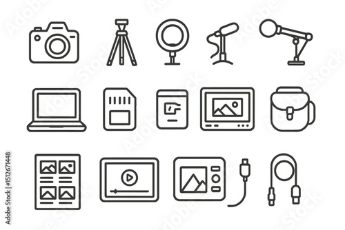 Photography and media equipment icons on dark background