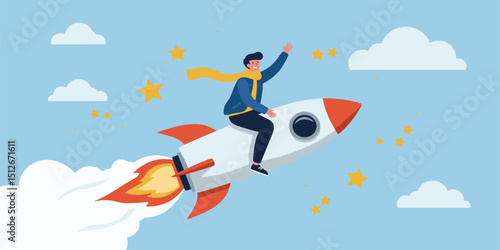 Success achievement, boost growth development to reach target, leadership to win business challenge, startup, entrepreneur or ambition to win, businessman riding fast rocket to reach success