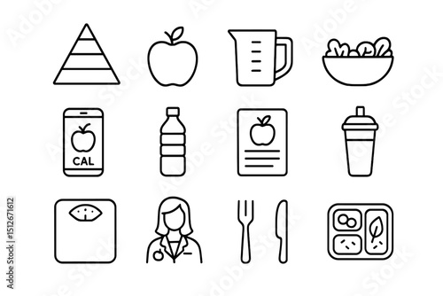 Nutritional icons set: healthy eating, food pyramid, fruits, doctor, meal planning