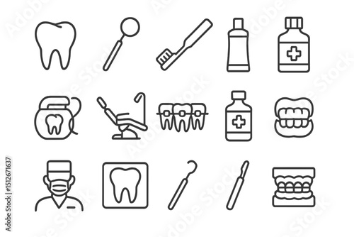Dental icons collection: tooth, toothbrush, dental chair, dentist tools