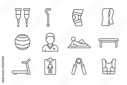 Physical therapy equipment icons set on gradient background