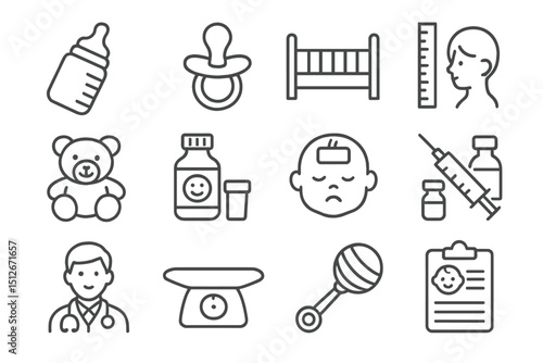 Baby care icons: pacifier, crib, teddy bear, syringe, doctor, rattle