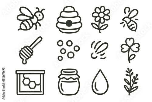 Bee-themed icons: honeycomb, flower, honey jar, bee