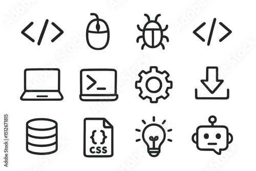Coding symbols: laptop, mouse, bug, gear, download, database, css, lightbulb, robot