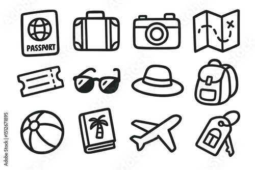 Travel icons set: passport, suitcase, camera, map, ticket, sunglasses, airplane