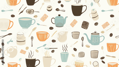Seamless vector pattern of cozy tea and coffee cups with spoons and warm beverage elements