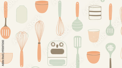 Seamless vector pattern of cozy tea and coffee cups with spoons and warm beverage elements