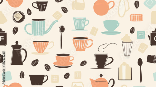Seamless vector pattern of cozy tea and coffee cups with spoons and warm beverage elements